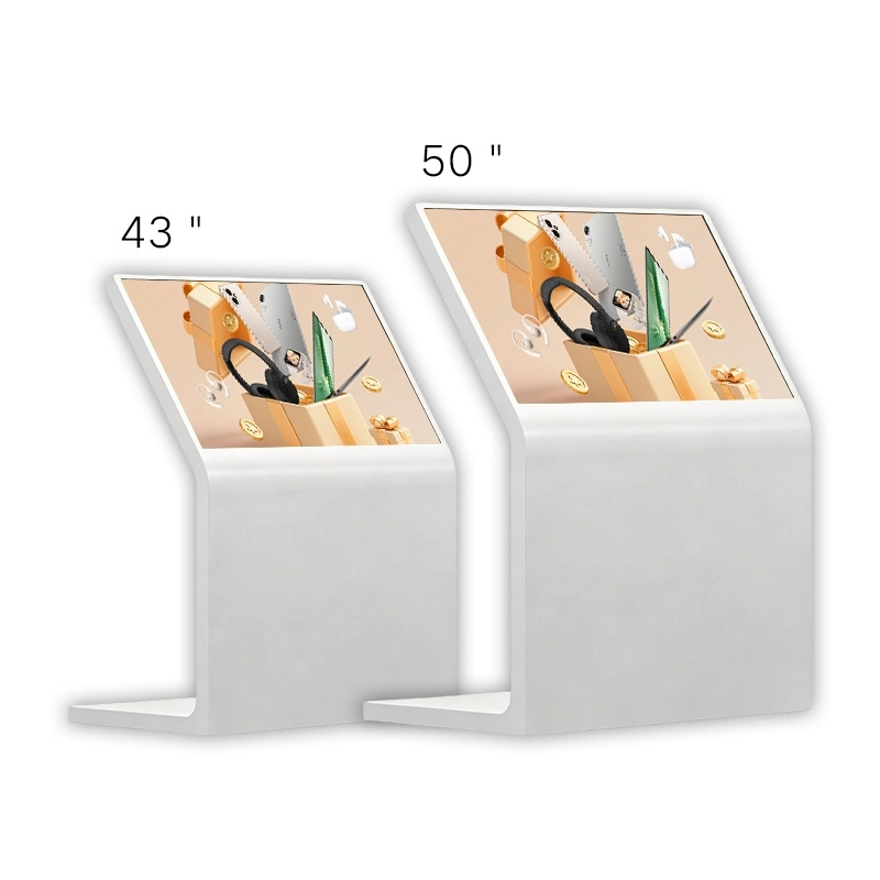 43 inch and 50 inch L-shaped interactive touch screen kiosks side by side